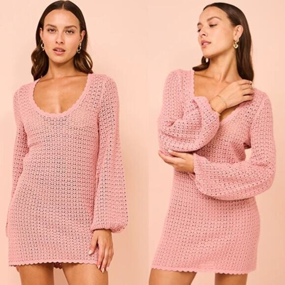 NEW Peony Pointelle Long Sleeve U Neckline Cotton Mini Dress Rose Size: Small - Picture 1 of 8